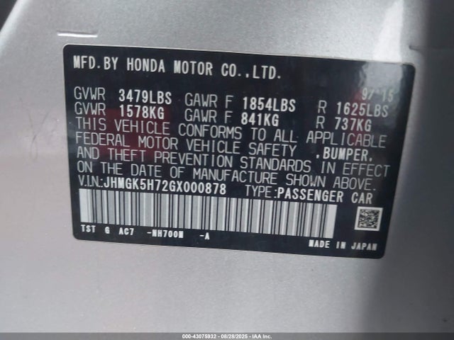 JHMGK5H72GX000878 Honda l15b1