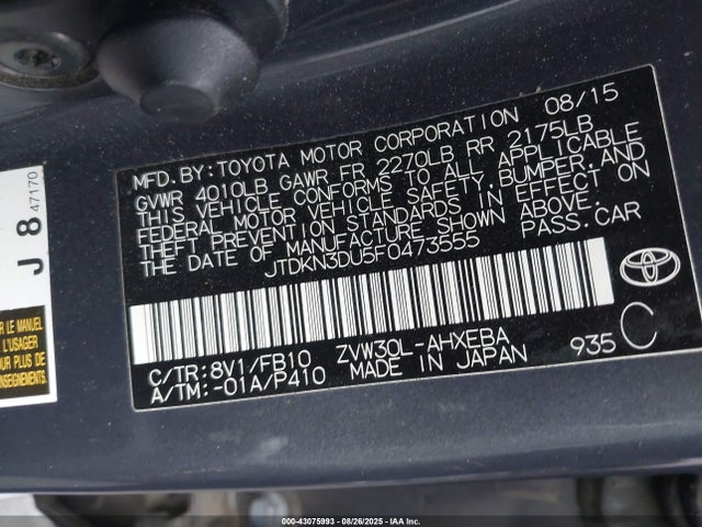 Toyota 2zr-fxe+3jm 2015 JTDKN3DU5F0473555 Image 9