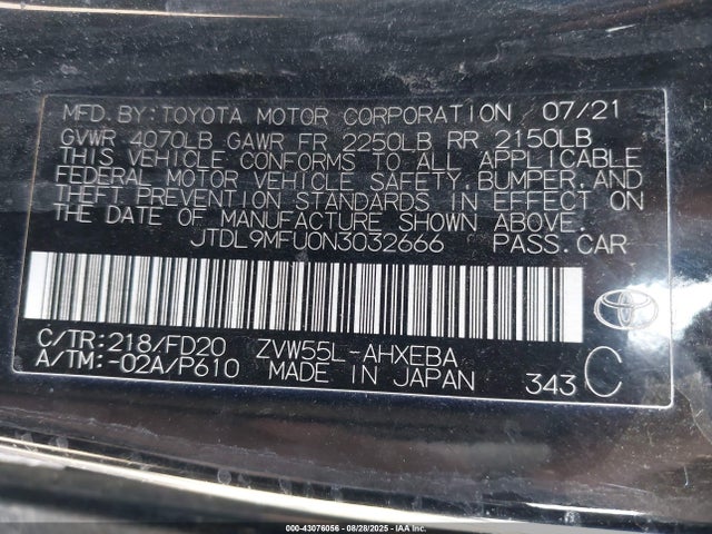 JTDL9MFU0N3032666 Toyota 2zr-fxe, 1nm+1mm