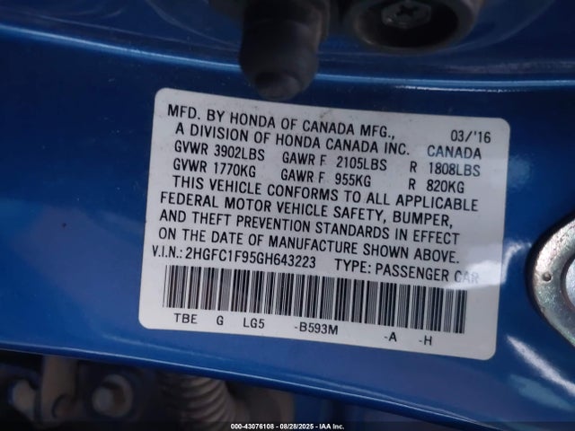 Honda l15b7 2016 2HGFC1F95GH643223 Image 9