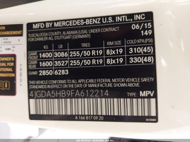 Mercedes-Benz Ml-Class 2015 4JGDA5HB9FA612214 Image 9