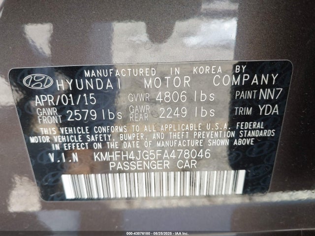 Hyundai dohc gdi lambda ii 2015 KMHFH4JG5FA478046 Image 9