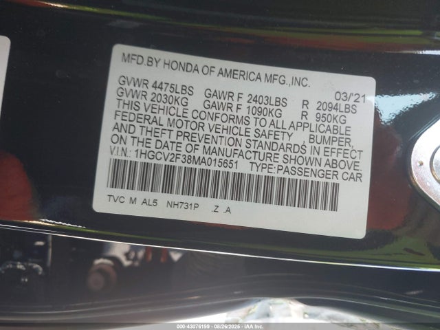 Honda k20c4 2021 1HGCV2F38MA015651 Image 9
