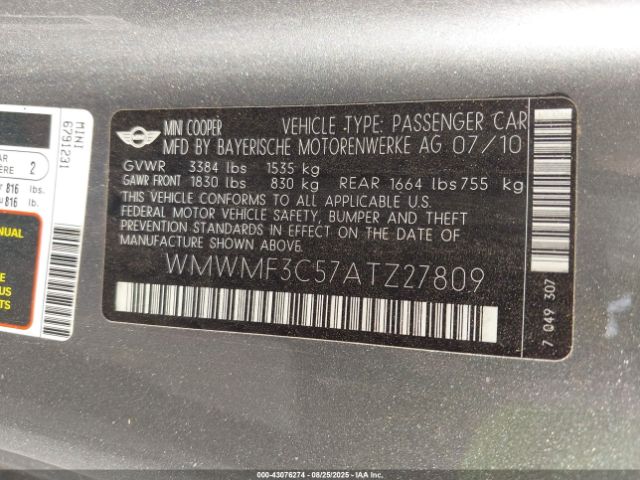 2010 MINI COOPER WMWMF3C57ATZ27809 Photo 8