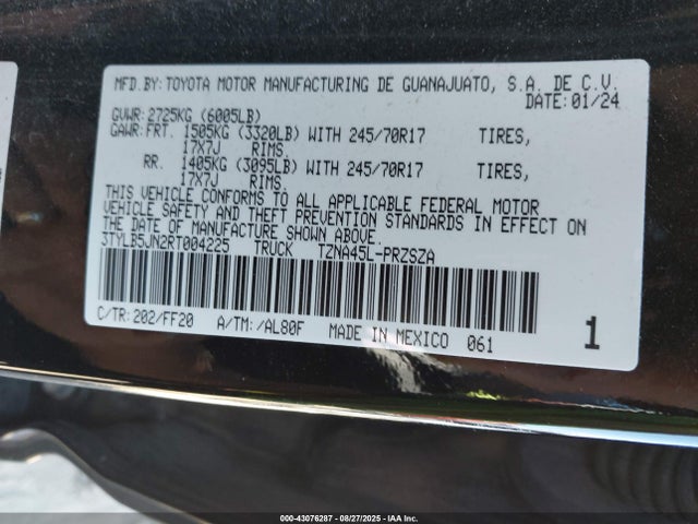 43076287 :رقم المزاد ، 3TYLB5JN2RT004225 vin ، 2024 Toyota Tacoma Sr5 4wd مزاد بيع