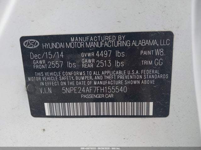 5NPE24AF7FH155540 Hyundai dohc gdi theta-ii