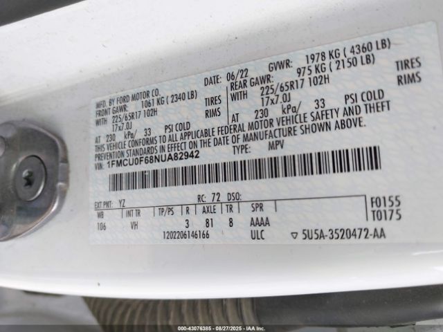 2022 FORD ESCAPE 1FMCU0F68NUA82942 Photo 8