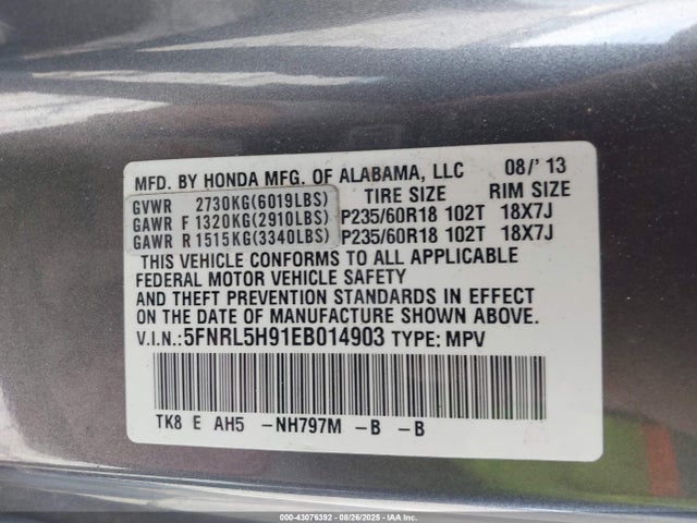 Honda j35z8 2014 5FNRL5H91EB014903 Image 9