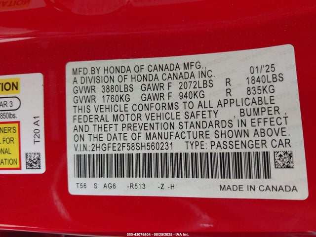 2HGFE2F58SH560231 Honda k20c9