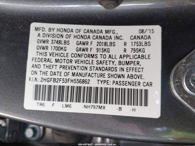 Honda r18z1 2015 2HGFB2F53FH556862 Image 9
