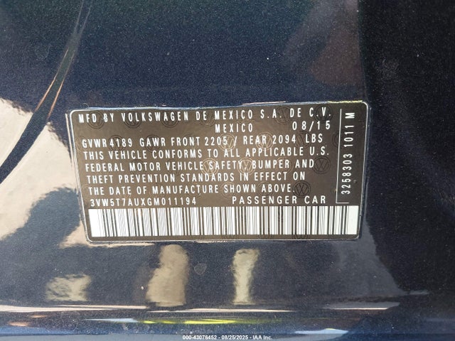 3VW5T7AUXGM011194 Volkswagen 2016