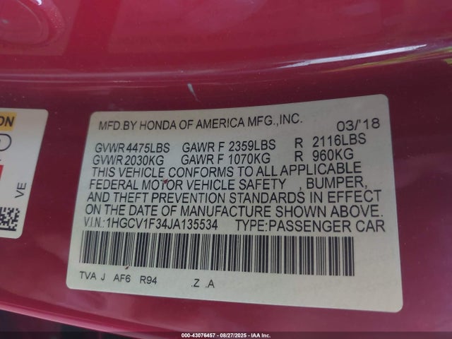 1HGCV1F34JA135534 Honda l15be