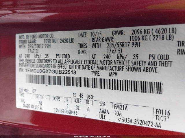 1FMCU0GX7GUB22518 Ford 2016