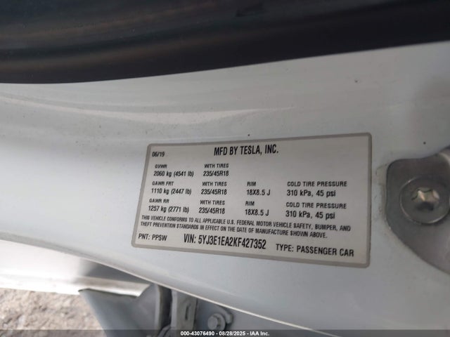 2019 TESLA MODEL 3 5YJ3E1EA2KF427352 Photo 8