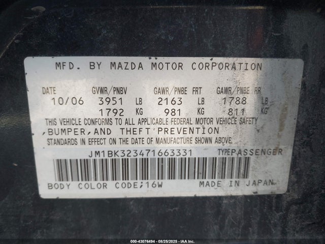 Aukcja sprzedaży 2007 Mazda Mazda3 S Grand Touring, vin: JM1BK323471663331, numer aukcji: 43076494