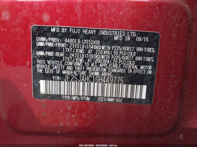 JF2SJAHC1GH449775 Subaru naturally aspirated u5