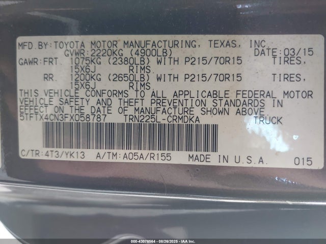 Toyota 2tr-fe 2015 5TFTX4CN3FX058787 Image 9