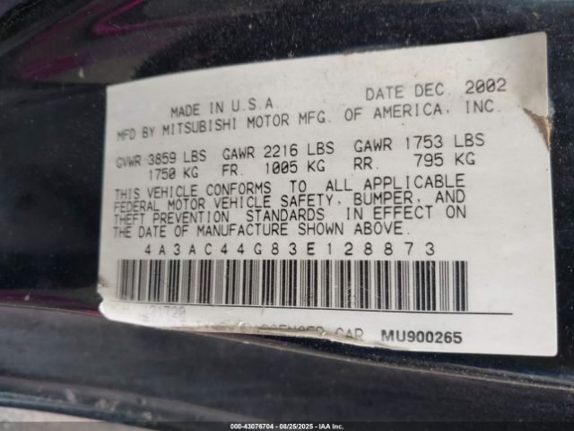 2003 MITSUBISHI ECLIPSE 4A3AC44G83E128873 Photo 8