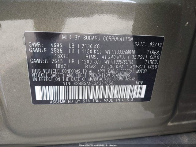 Subaru na u5 2019 4S4BSANC3K3316601 Image 9