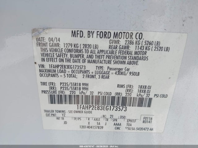 2014 Ford Taurus Sel მანქანა იყიდება აუქციონზე, vin: 1FAHP2E83EG173573, აუქციონის ნომერი: 43076747