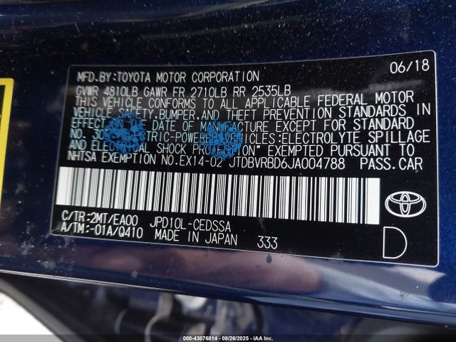 JTDBVRBD6JA004788 Toyota 4jm