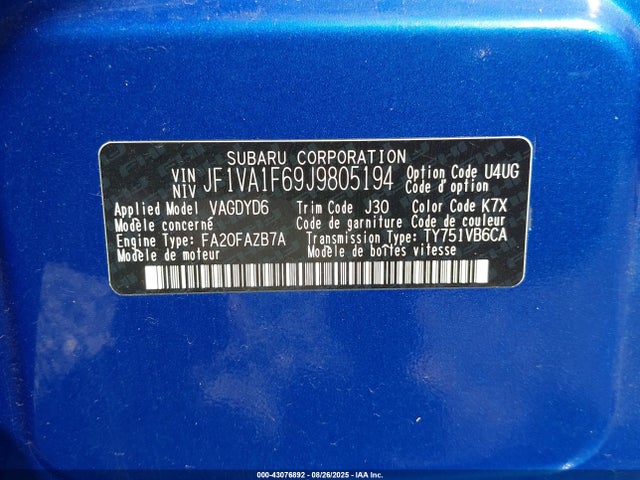 Subaru dib 2018 JF1VA1F69J9805194 Image 9
