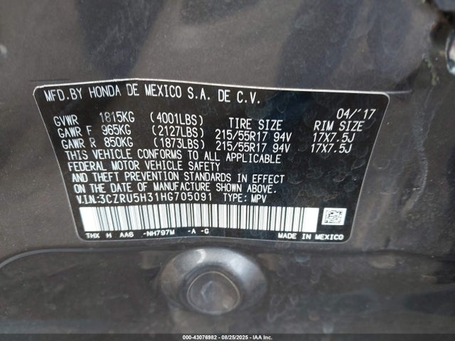 2017 Honda Hr-v Lx მანქანა იყიდება აუქციონზე, vin: 3CZRU5H31HG705091, აუქციონის ნომერი: 43076982