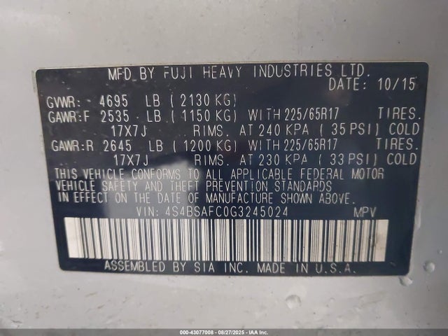 Subaru 2.5l u5 2016 4S4BSAFC0G3245024 Image 9