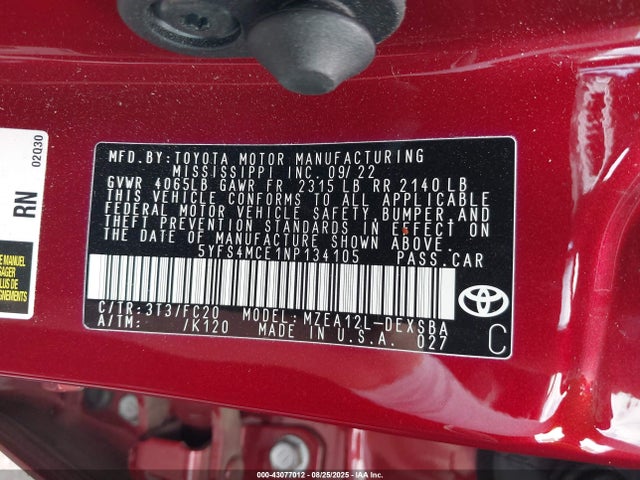 Toyota m20a-fks 2022 5YFS4MCE1NP134105 Image 9
