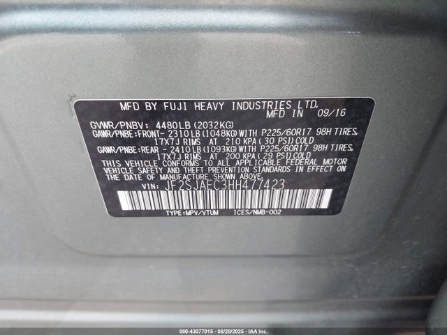 Subaru naturally aspirated u5 2017 JF2SJAEC3HH477423 Image 9
