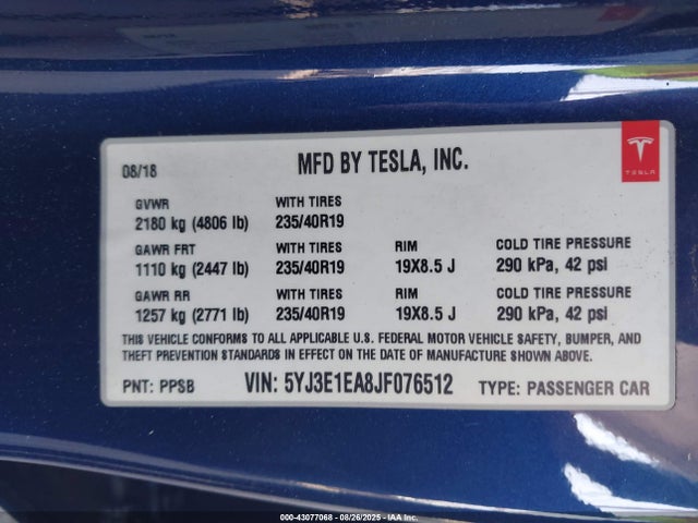 2018 TESLA MODEL 3 5YJ3E1EA8JF076512 Photo 8