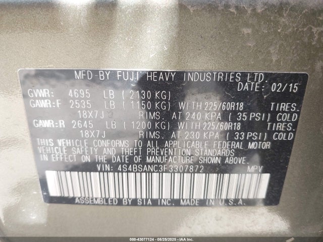 Subaru 2.5l u5 2015 4S4BSANC3F3307872 Image 9