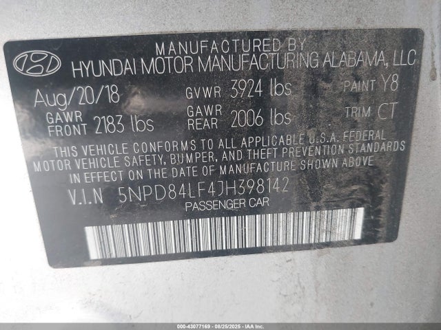 5NPD84LF4JH398142 Hyundai mpi nu