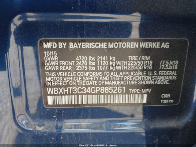 WBXHT3C34GP885261 BMW 2016