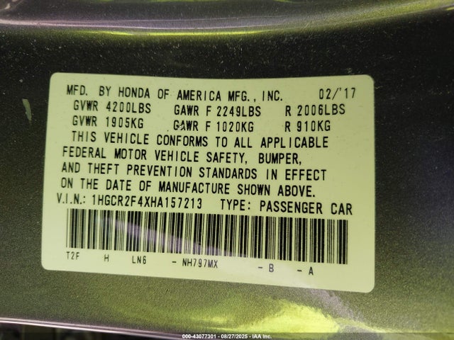 1HGCR2F4XHA157213 Honda k24w1