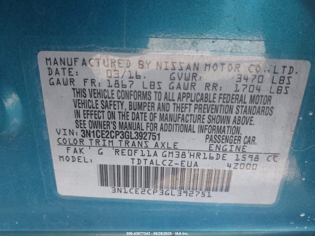 3N1CE2CP3GL392751 Nissan 2016