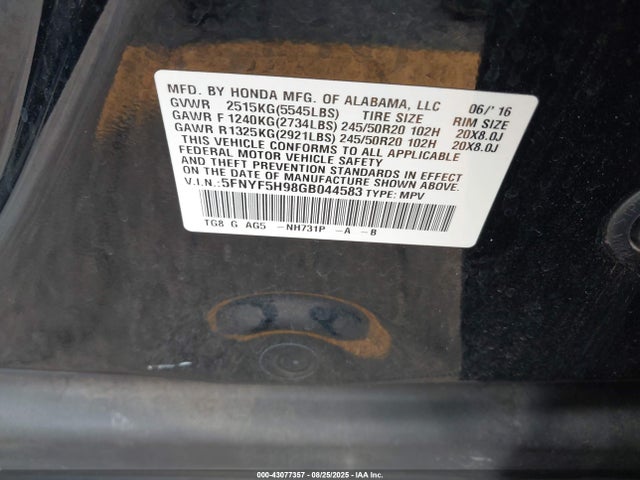 Honda j35y6 2016 5FNYF5H98GB044583 Image 9