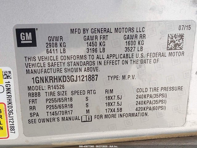 1GNKRHKD3GJ121887 Chevrolet llt - sidi, alum, 60 degrees