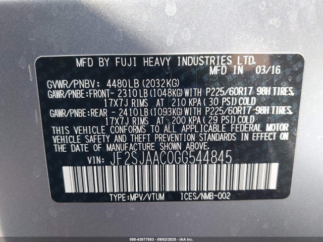 Subaru naturally aspirated u5 2016 JF2SJAAC0GG544845 Image 9