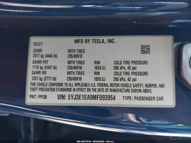 2021 TESLA MODEL 3 5YJ3E1EA9MF093954 Photo 8