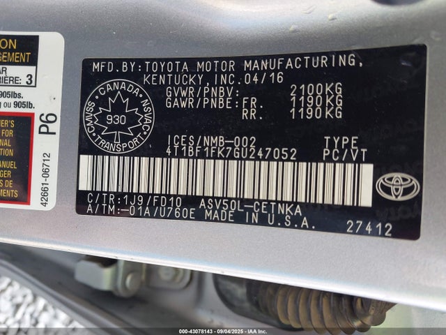 43078143 :رقم المزاد ، 4T1BF1FK7GU247052 vin ، 2016 Toyota Camry Le مزاد بيع