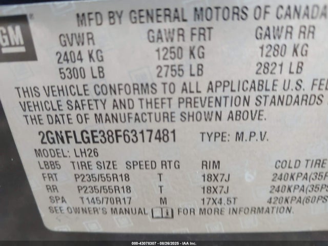 2GNFLGE38F6317481 Chevrolet lfx - sidi, vvt, e85 max, alum