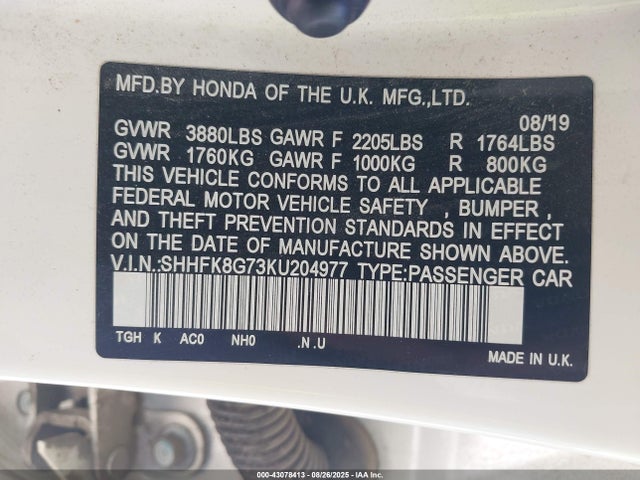 SHHFK8G73KU204977 Honda k20c1