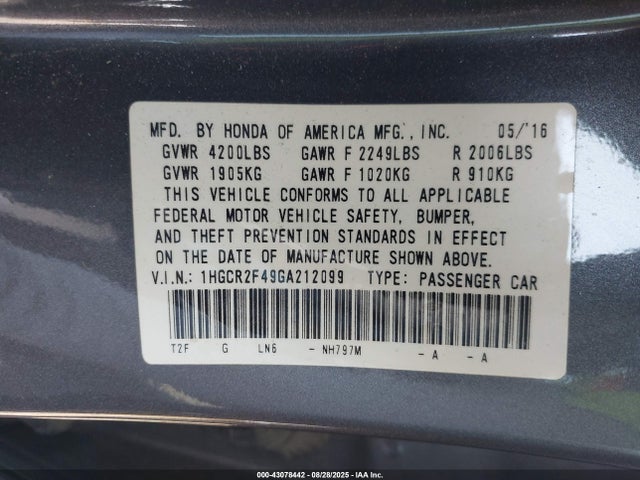 1HGCR2F49GA212099 Honda k24w1