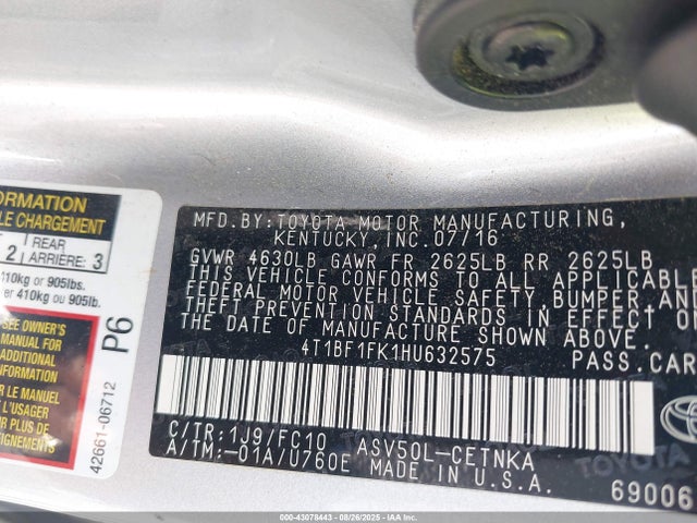 Toyota 2ar-fe 2017 4T1BF1FK1HU632575 Image 9