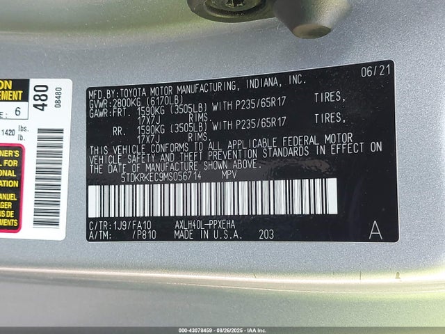 Toyota a25a-fxs, 5nm 2021 5TDKRKEC9MS056714 Image 9