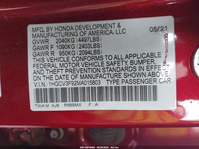 1HGCV3F92MA015803 Honda lfb2