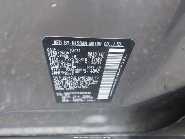 Продажа на аукционе авто 2012 Nissan Quest S, vin: JN8AE2KP2C9033243, номер лота: 43078510