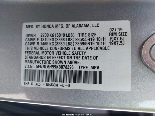 Honda j35y7 2019 5FNRL6H99KB078396 Image 9
