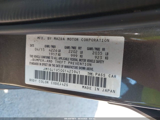 Aukcja sprzedaży 2016 Mazda Mazda6 I Touring, vin: JM1GJ1V50G1425941, numer aukcji: 43078670